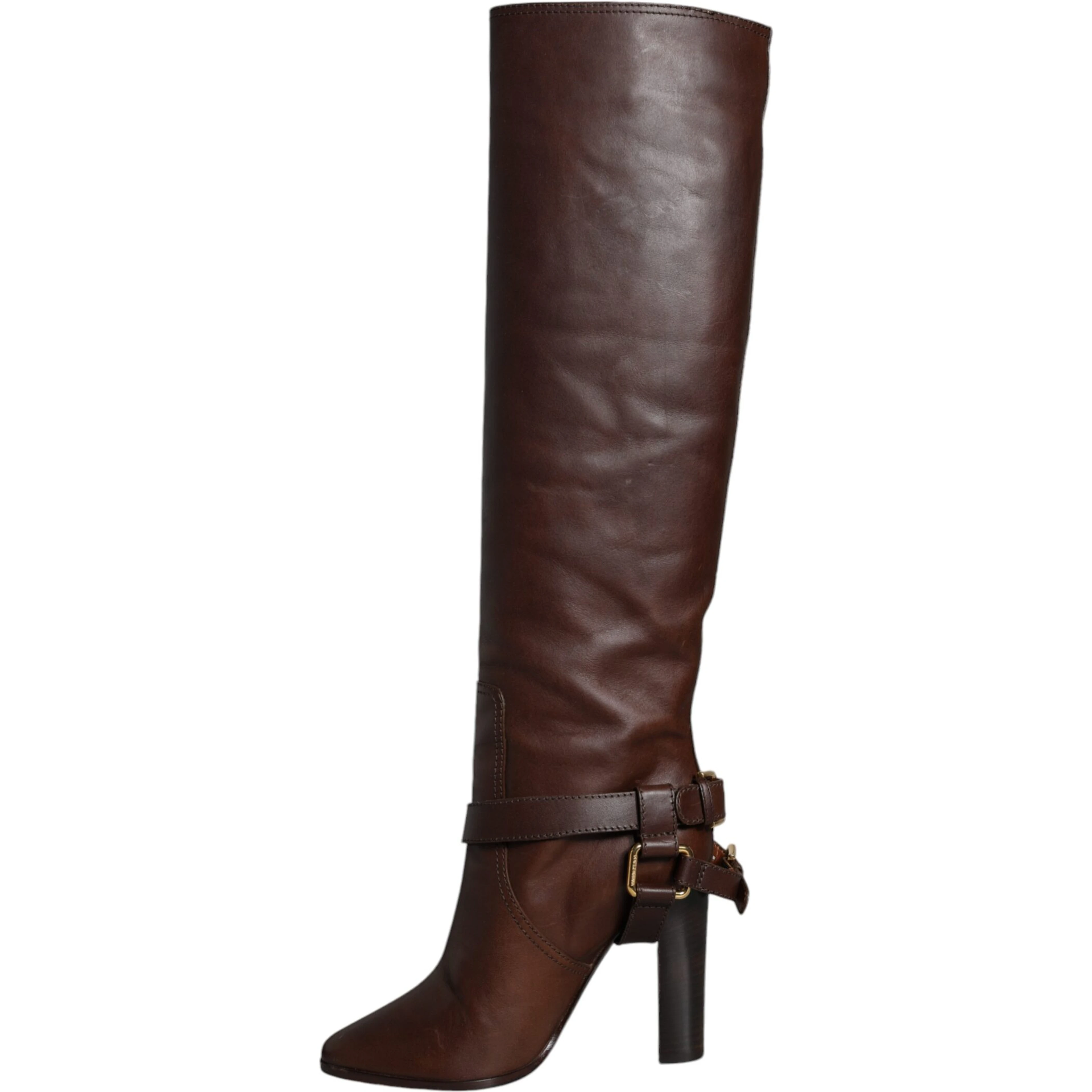 Brown Leather Gold Tone Logo High Boots Shoes