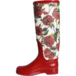 Red Floral Rubber Knee High Flat Boots Shoes
