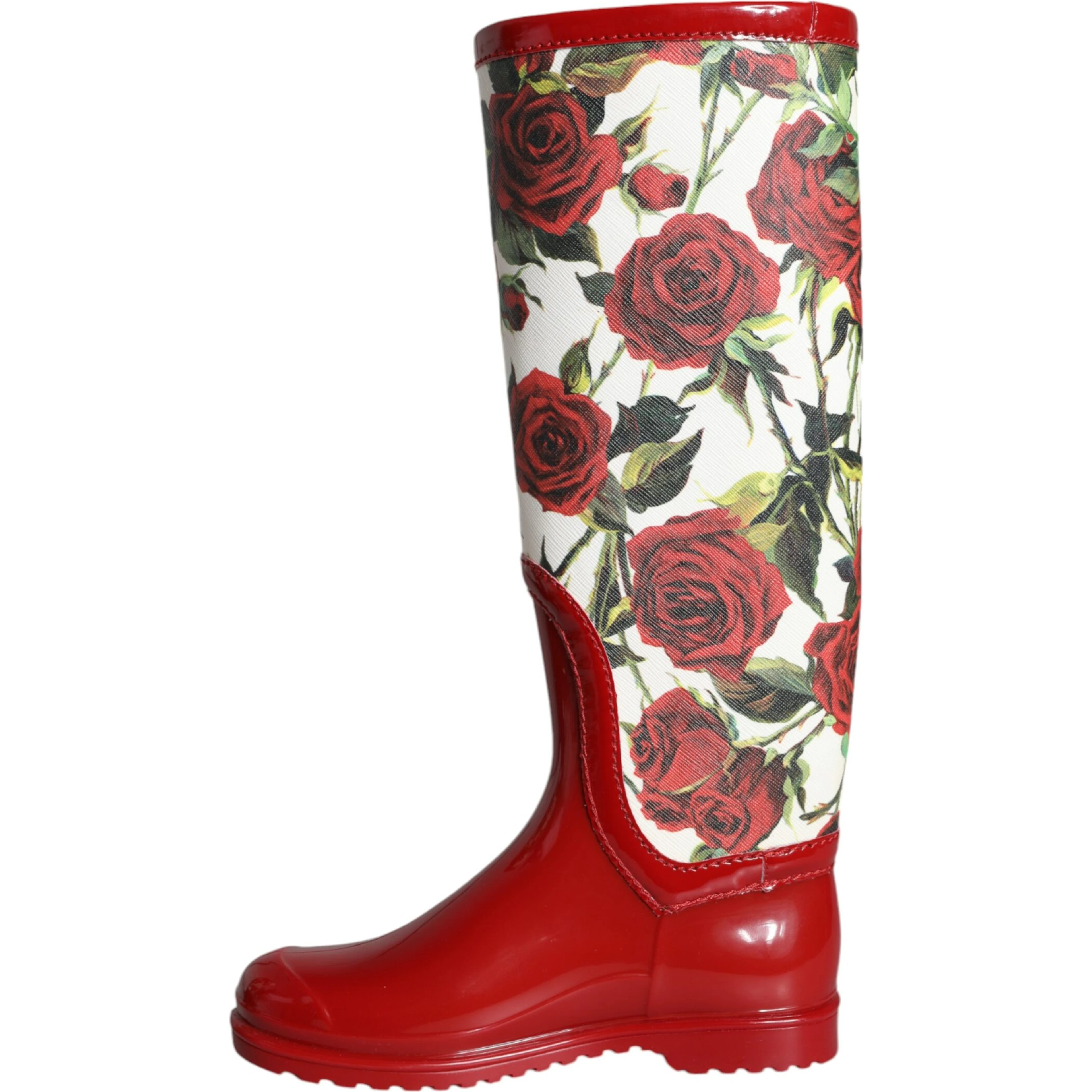 Red Floral Rubber Knee High Flat Boots Shoes