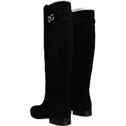 Black Suede Leather Knee High Boots Shoes