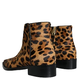 Brown Leopard Calf Fur Ankle Boots Shoes