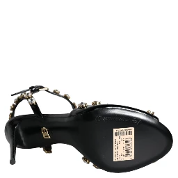 Black Leather Crystal Ankle Strap Sandals Shoes