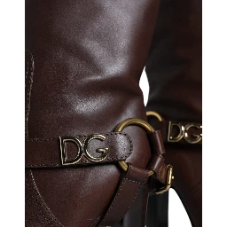 Brown Leather Gold Tone Logo High Boots Shoes