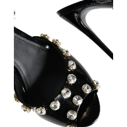 Black Leather Crystal Ankle Strap Sandals Shoes