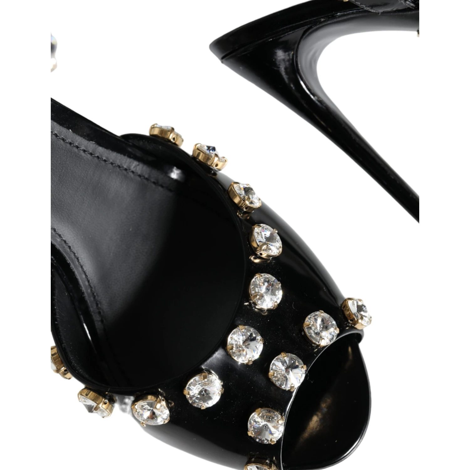 Black Leather Crystal Ankle Strap Sandals Shoes