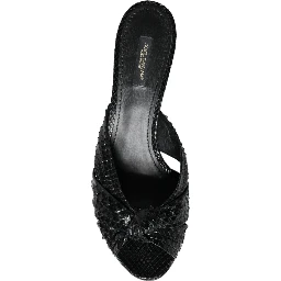 Black Leather Heels Slides Sandals Shoes