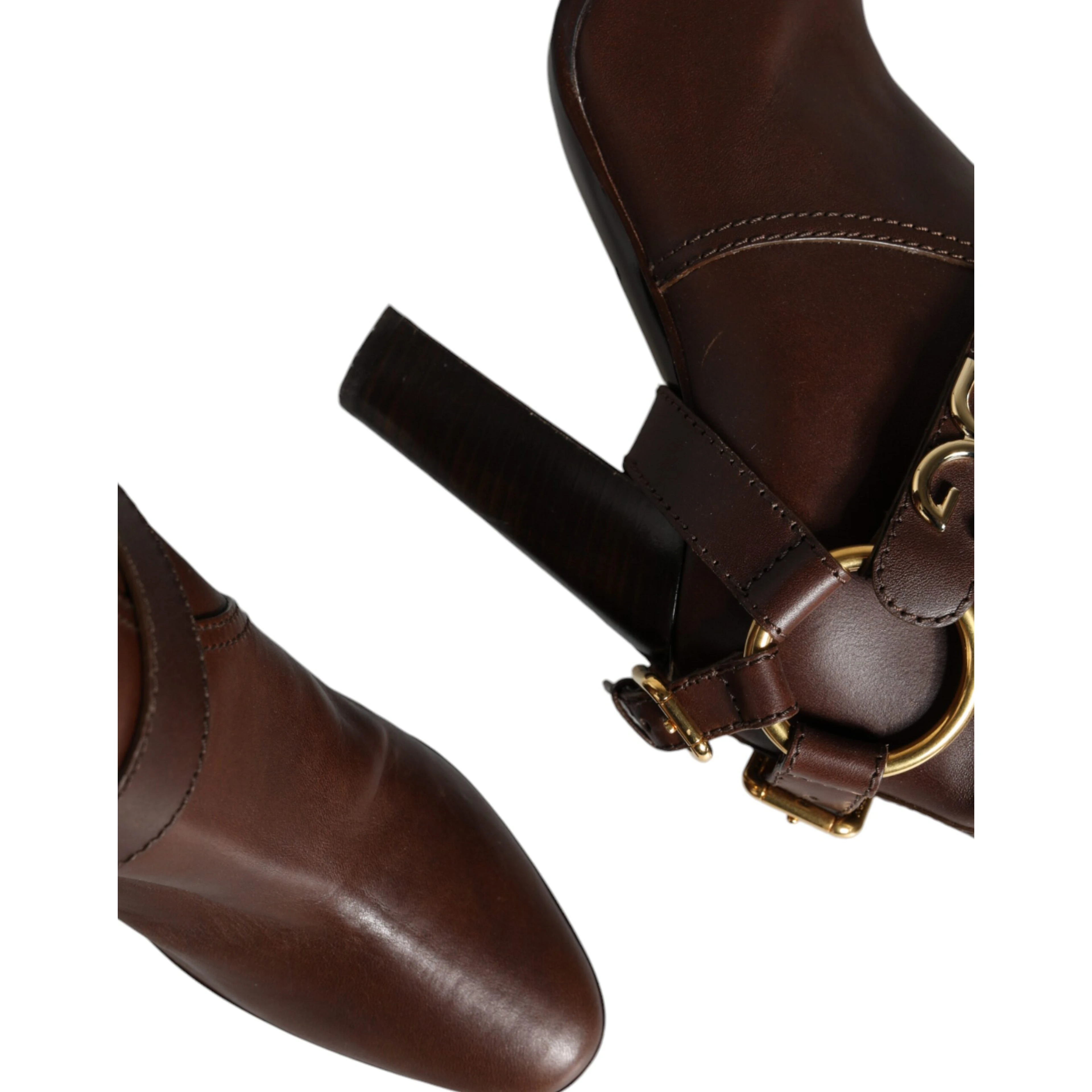 Brown Leather Gold Tone Logo High Boots Shoes