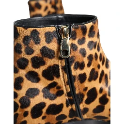 Brown Leopard Calf Fur Ankle Boots Shoes