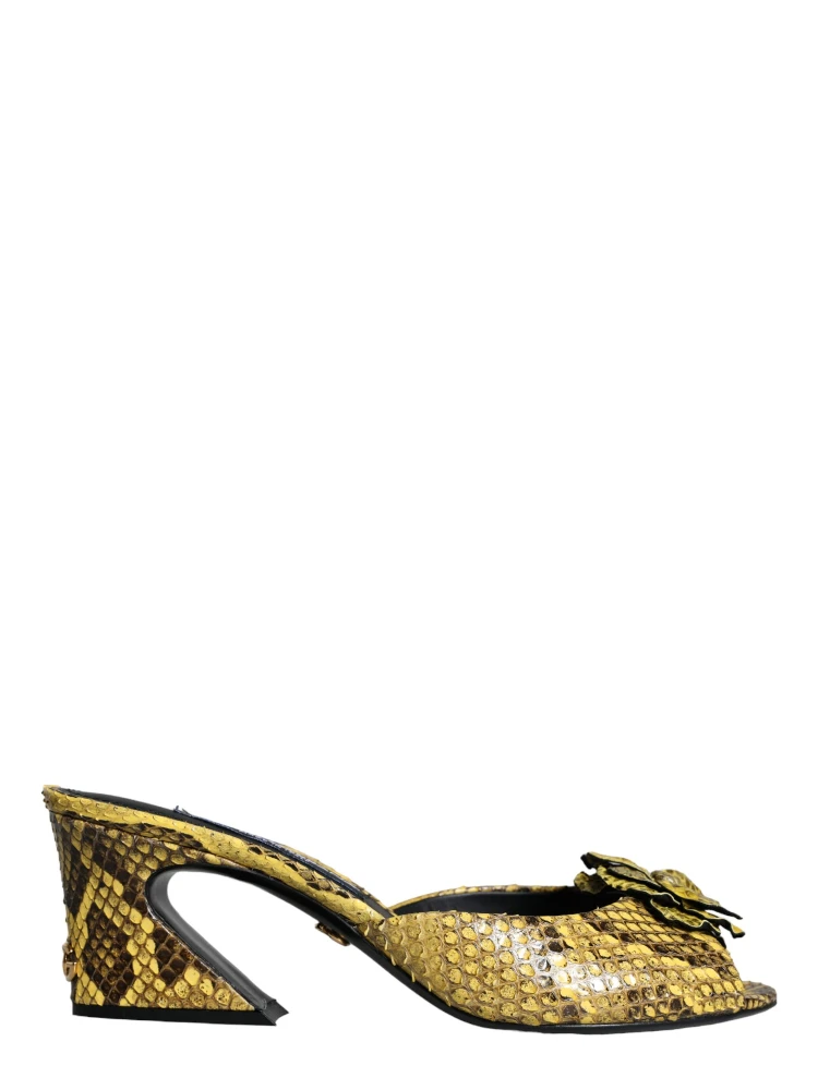 Yellow Leather Block Heels Slides Shoes