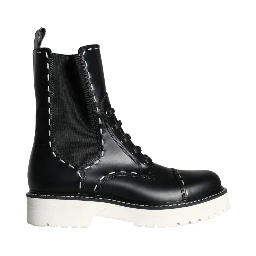 Black Leather Combat Mid Calf Boots Shoes