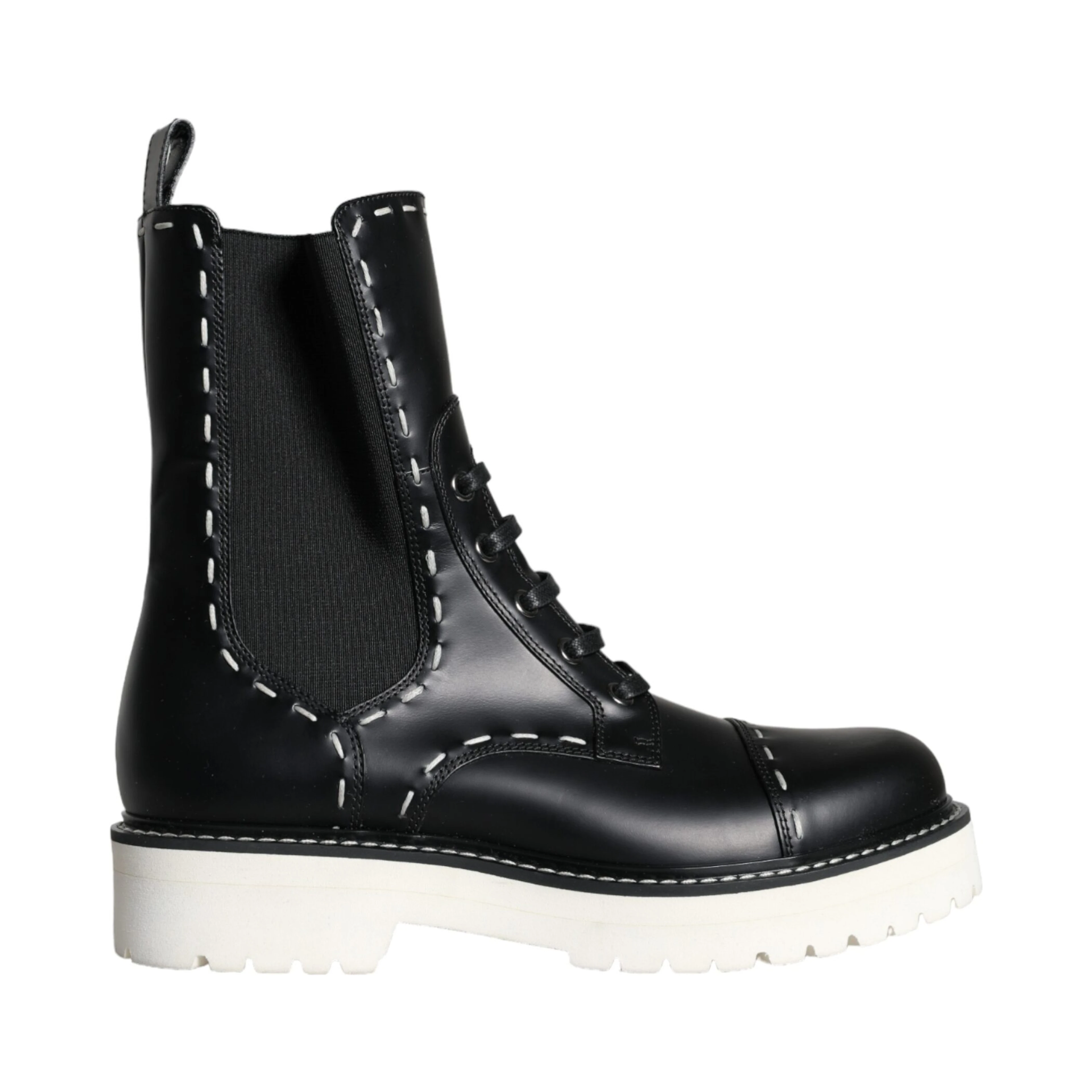 Black Leather Combat Mid Calf Boots Shoes