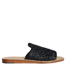 Black Monochrome Braided Raffia Slides Shoes