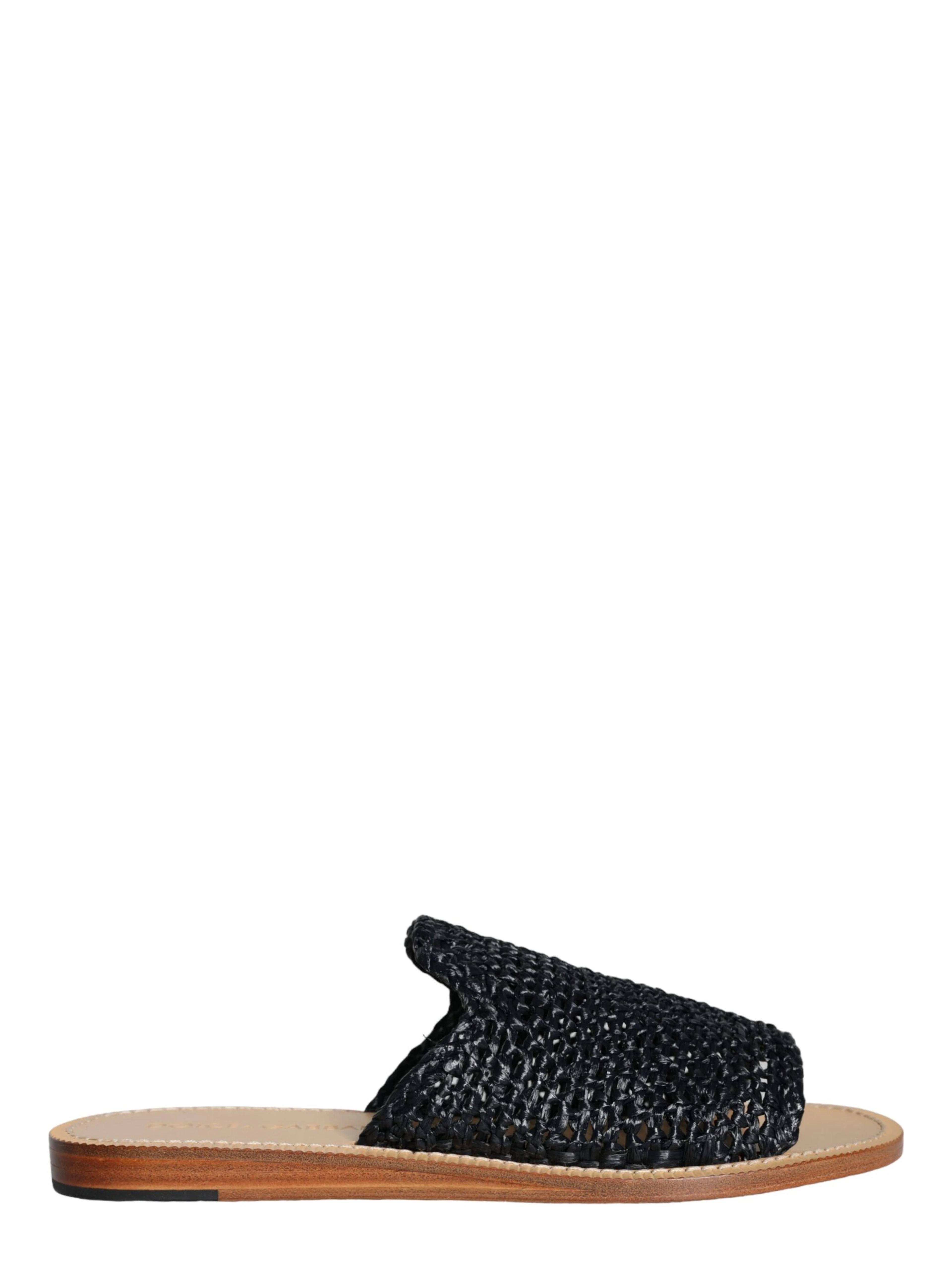 Black Monochrome Braided Raffia Slides Shoes