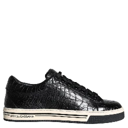 Black Leather Men Low Top Sneakers Shoes