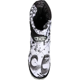 White Padded Logo Print Mid Calf Boots Shoes