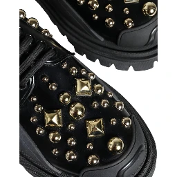 Black Leather Trekking Derby Embellished Shoes