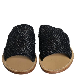 Black Monochrome Braided Raffia Slides Shoes
