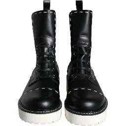 Black Leather Combat Mid Calf Boots Shoes