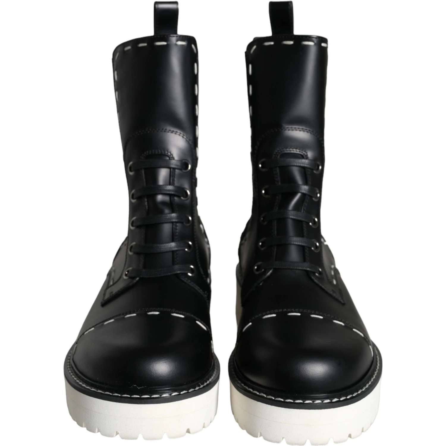 Black Leather Combat Mid Calf Boots Shoes
