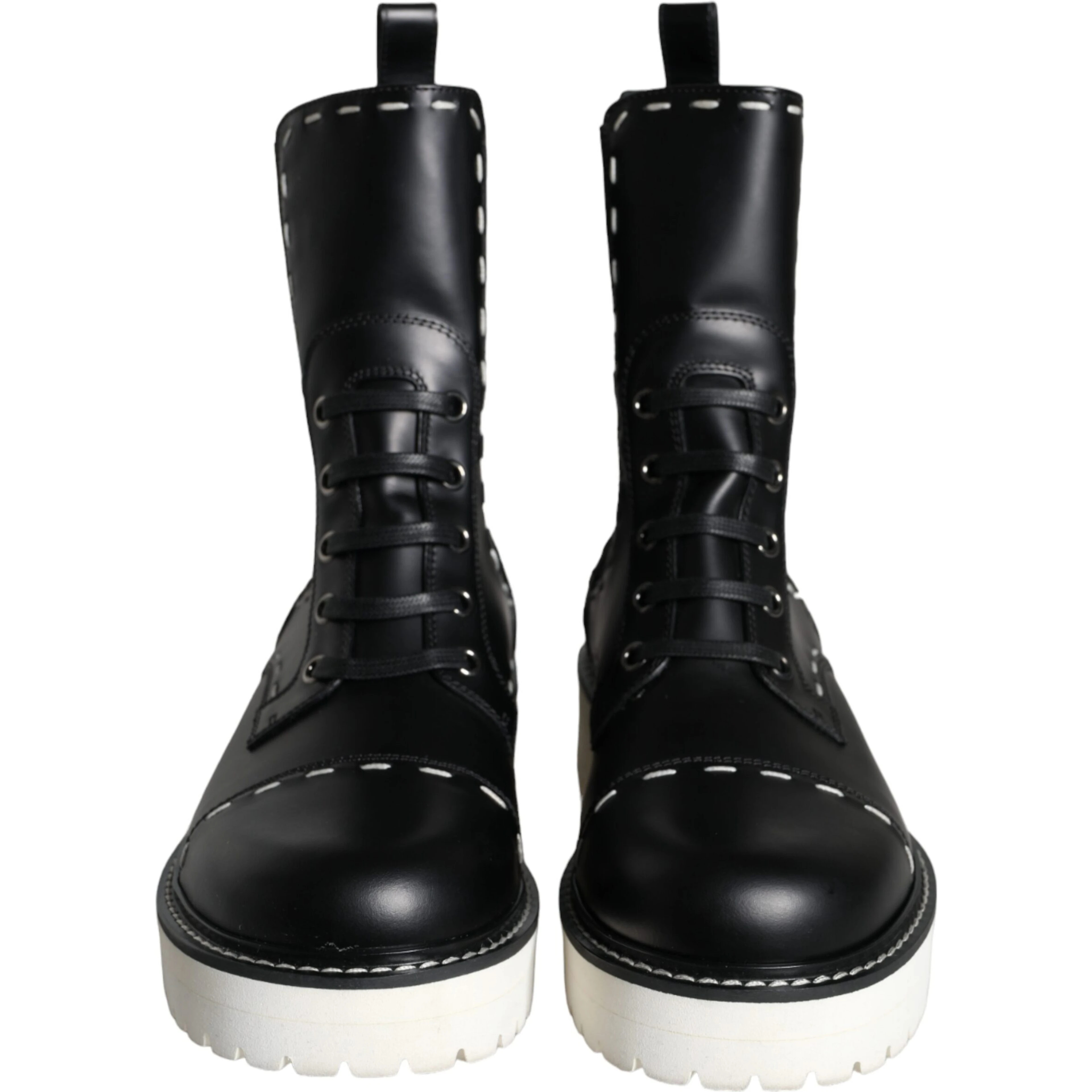 Black Leather Combat Mid Calf Boots Shoes