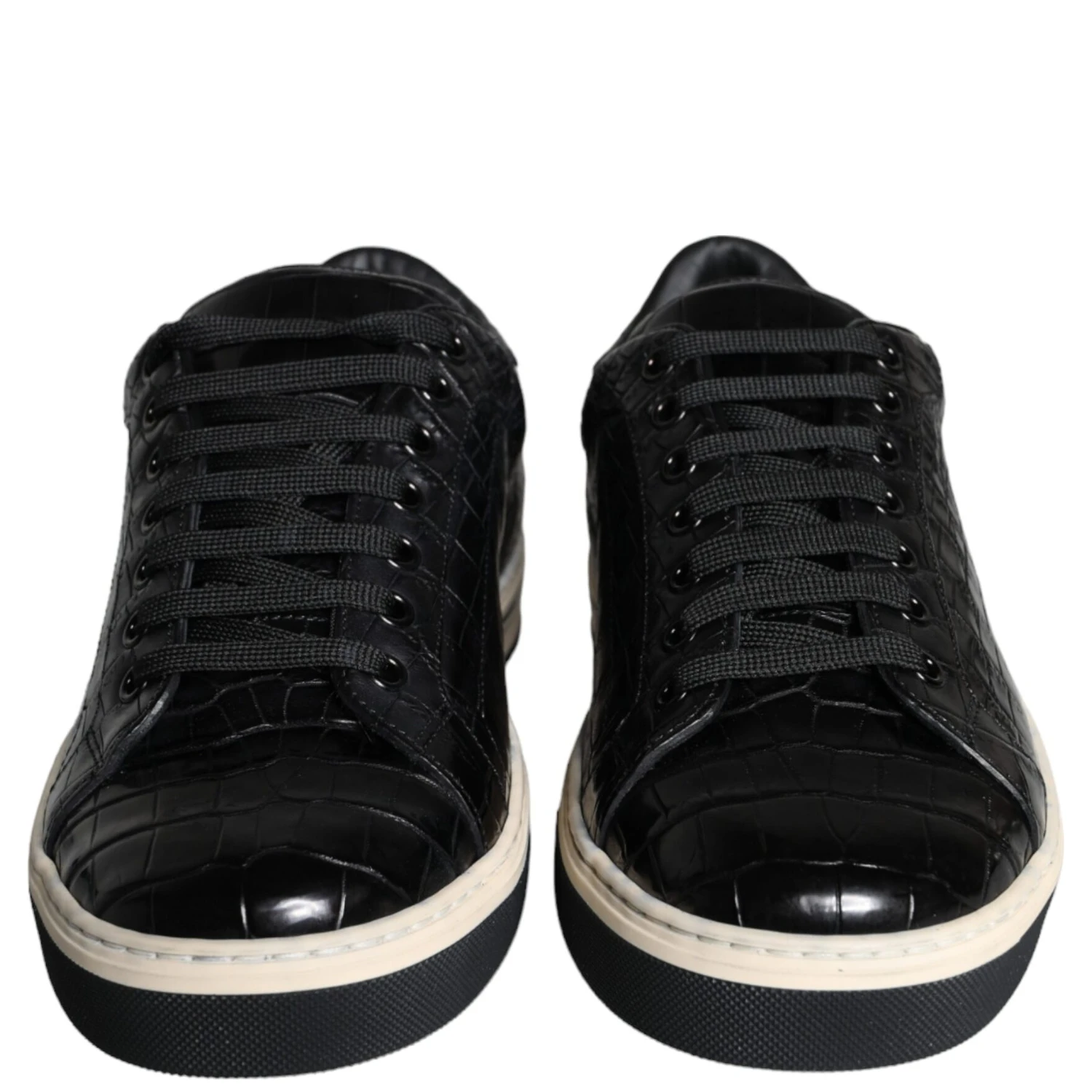 Black Leather Men Low Top Sneakers Shoes