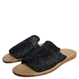 Black Monochrome Braided Raffia Slides Shoes