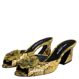 Yellow Leather Block Heels Slides Shoes