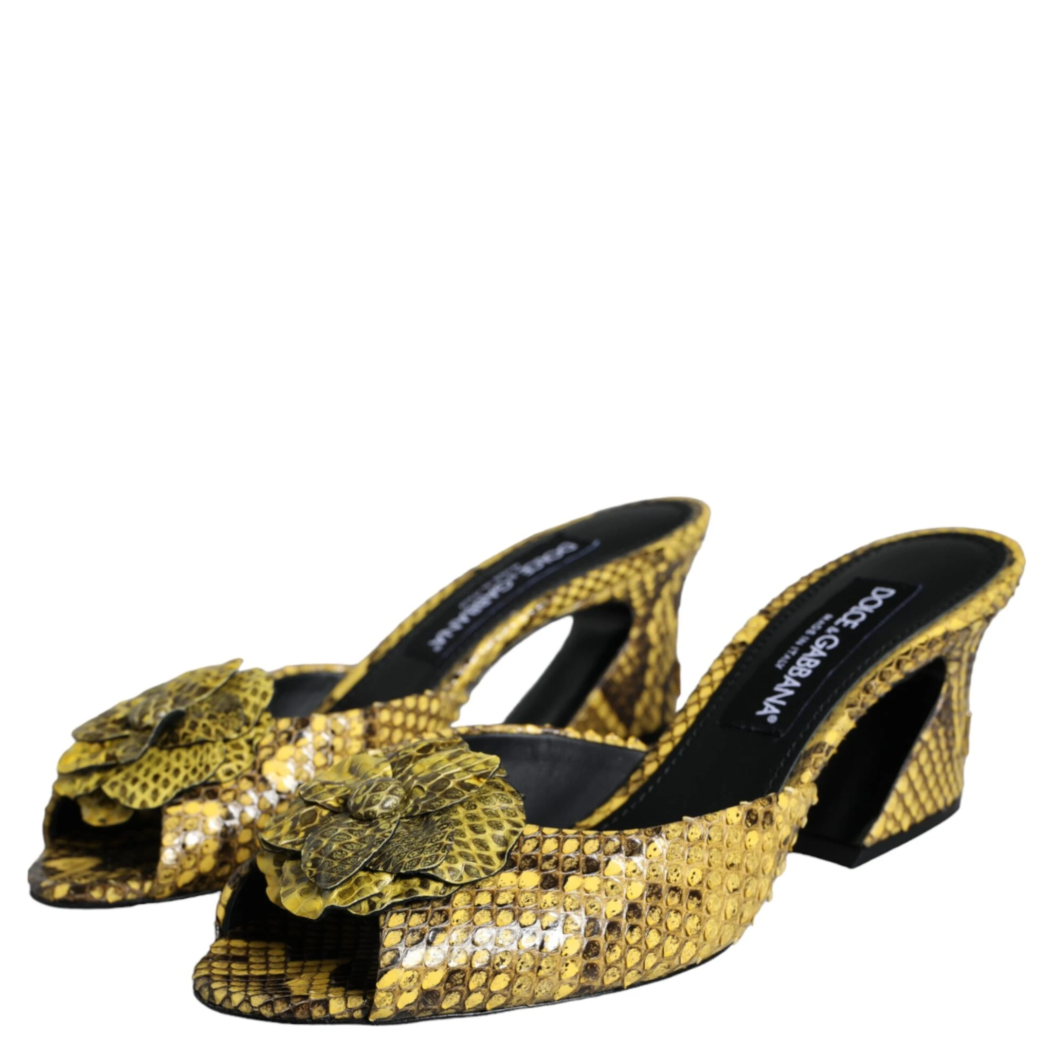 Yellow Leather Block Heels Slides Shoes