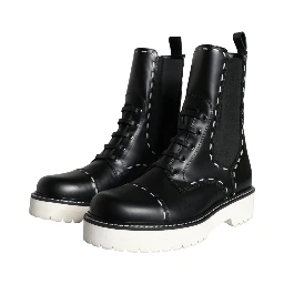 Black Leather Combat Mid Calf Boots Shoes
