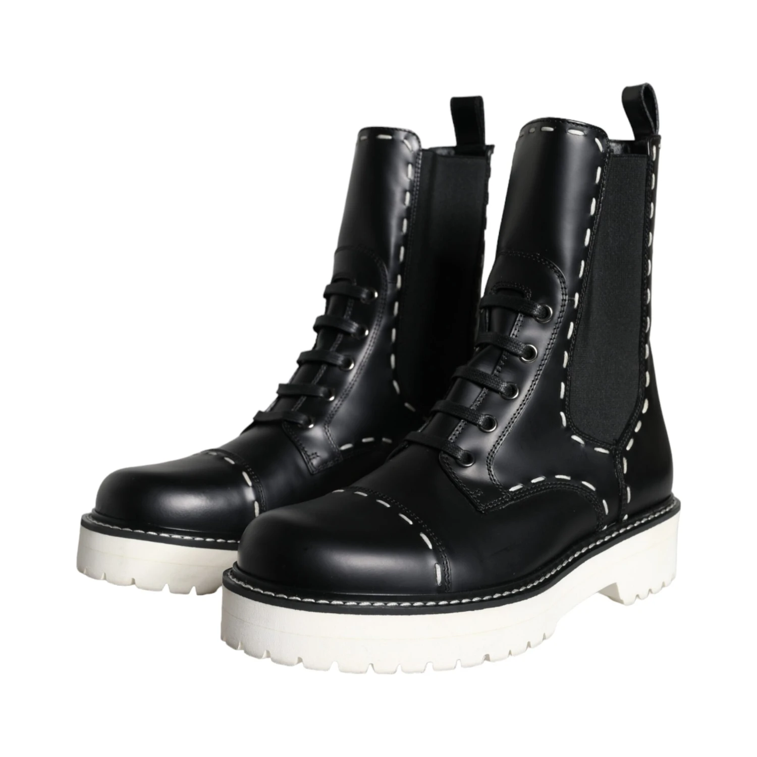 Black Leather Combat Mid Calf Boots Shoes