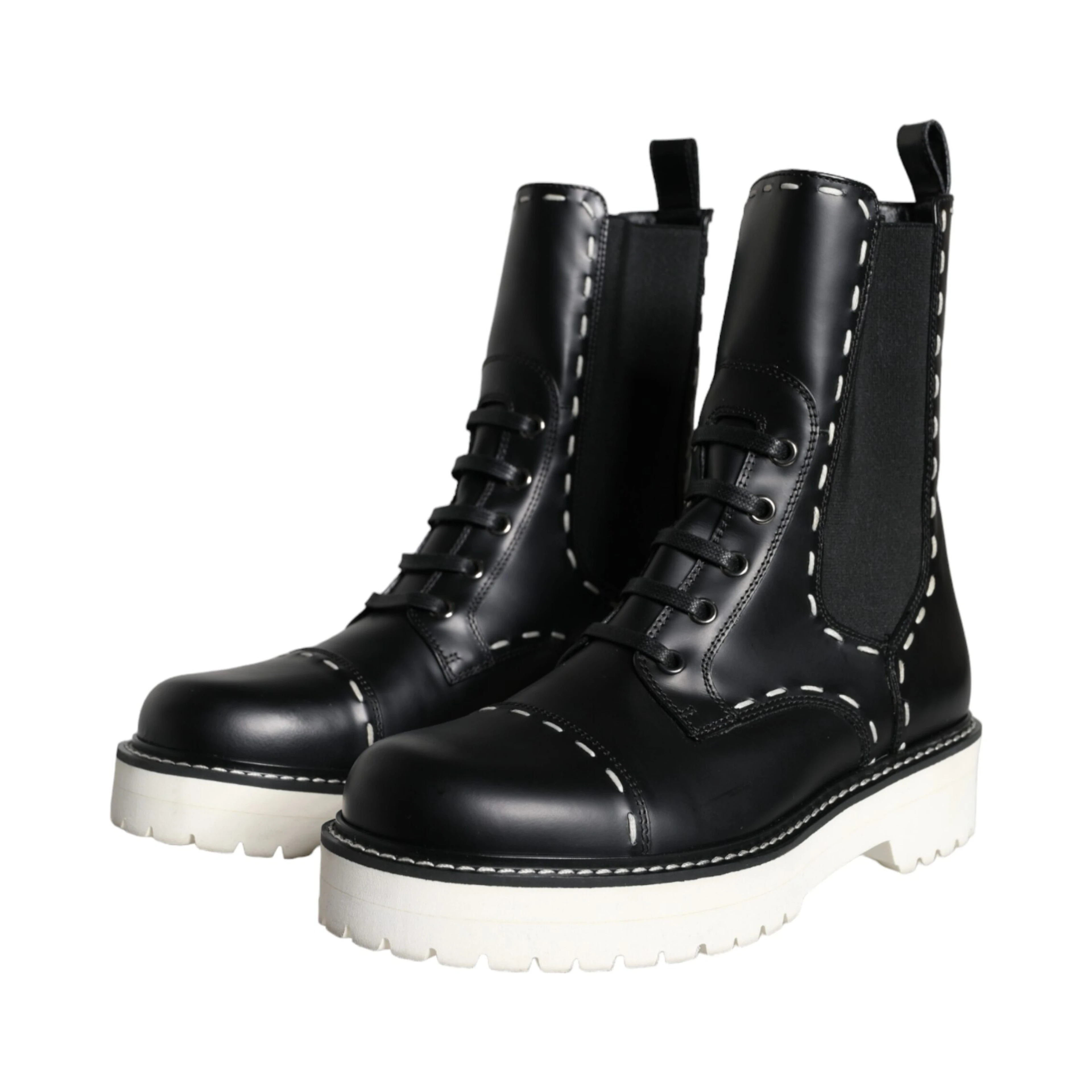 Black Leather Combat Mid Calf Boots Shoes