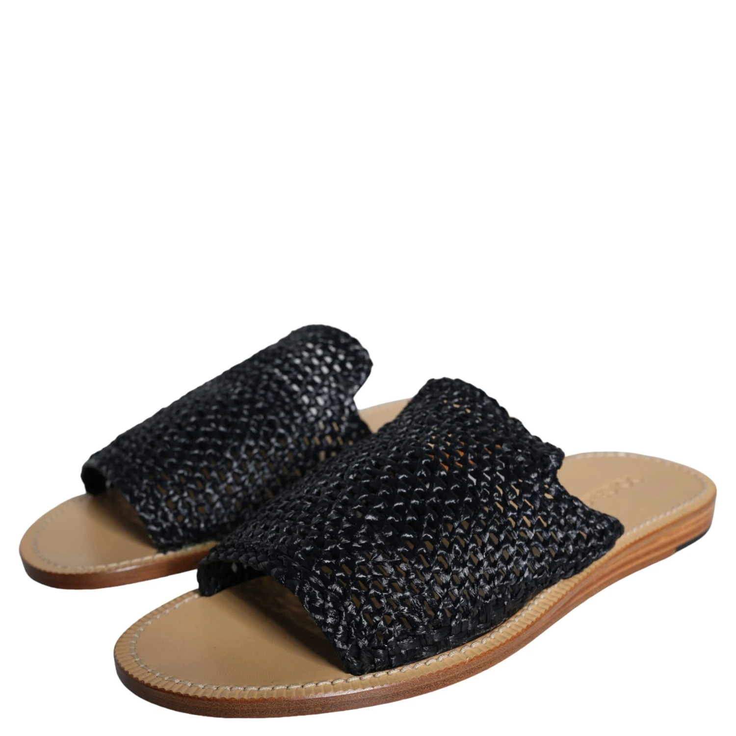 Black Monochrome Braided Raffia Slides Shoes