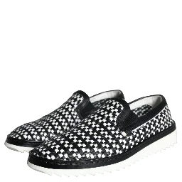 Black White Weaved Slip On Men Loafers Shoes