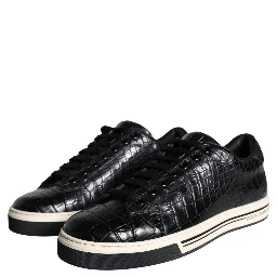 Black Leather Men Low Top Sneakers Shoes