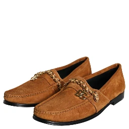 Brown Velvet Leather Logo Mocassin Slip On Shoes