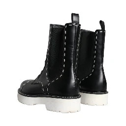 Black Leather Combat Mid Calf Boots Shoes