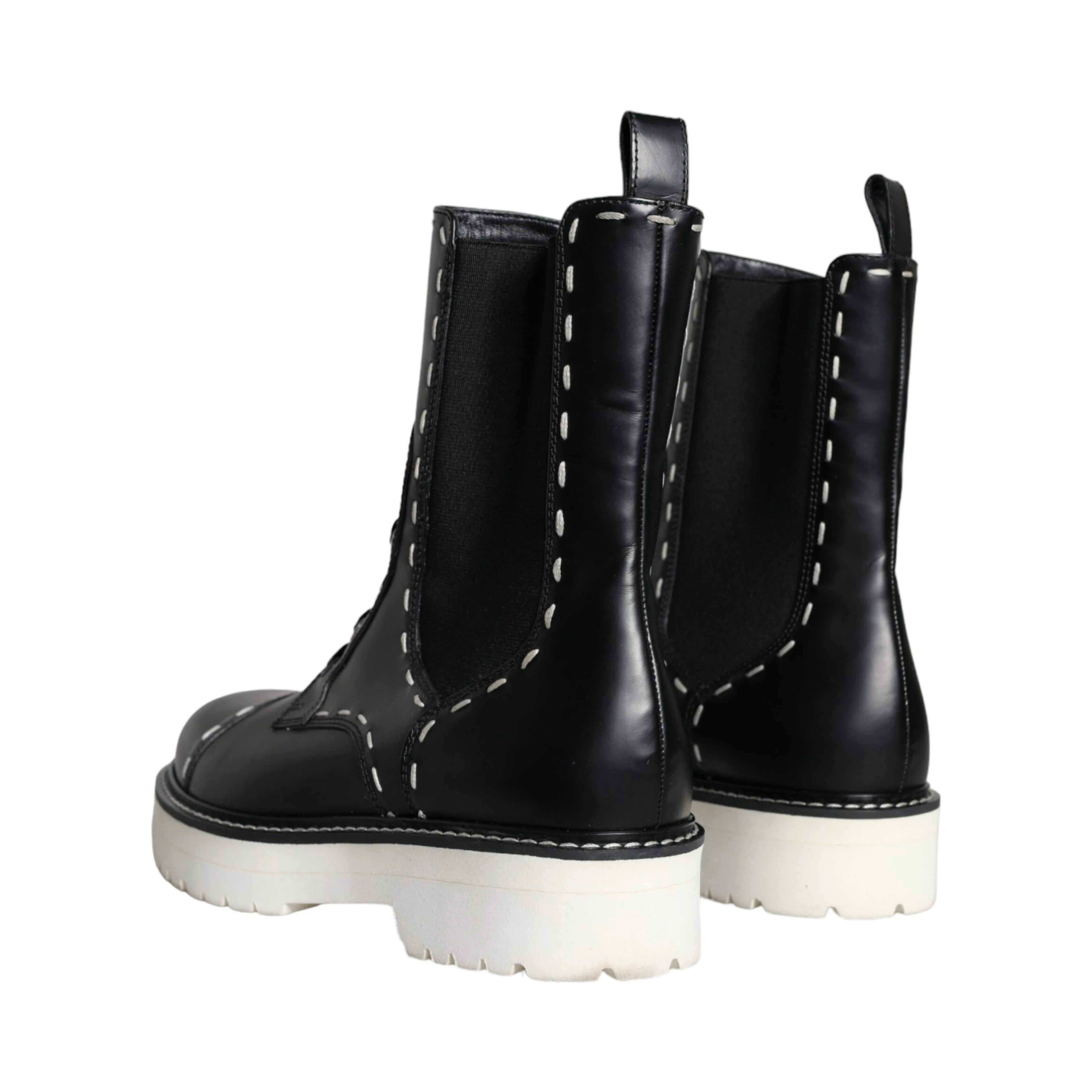 Black Leather Combat Mid Calf Boots Shoes