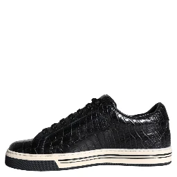 Black Leather Men Low Top Sneakers Shoes