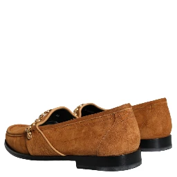 Brown Velvet Leather Logo Mocassin Slip On Shoes