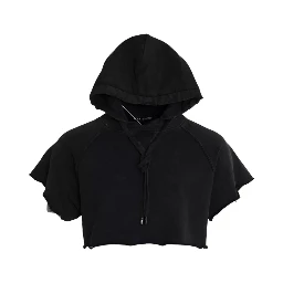 Black Cotton Hooded Short Sleeves Cropped T-shirt