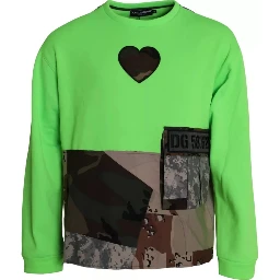 Green Patchwork Heart Crew Neck Pullover Sweater