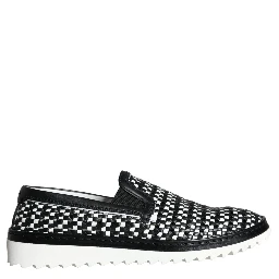 Black White Weaved Slip On Men Loafers Shoes