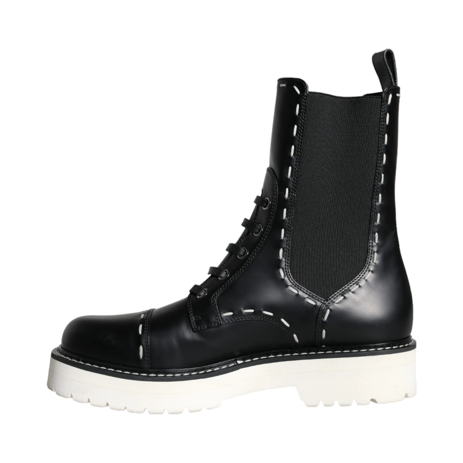 Black Leather Combat Mid Calf Boots Shoes