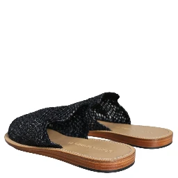 Black Monochrome Braided Raffia Slides Shoes