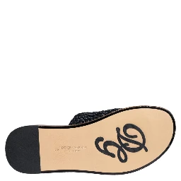 Black Monochrome Braided Raffia Slides Shoes