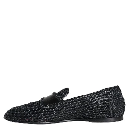 Black Woven Raffia Slip On Loafers Men Shoes
