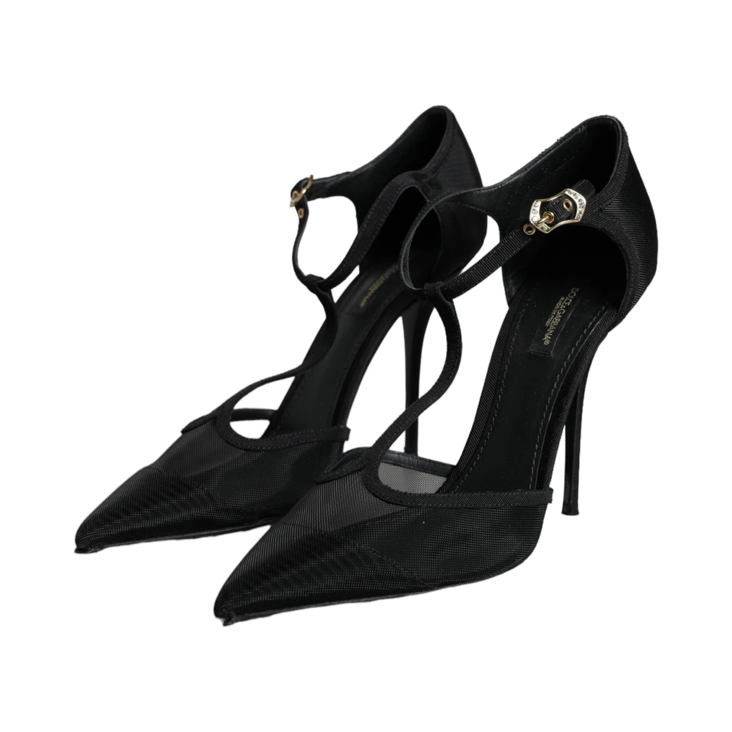 Black Mesh T-strap Stiletto High Heels Shoes