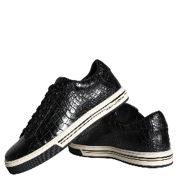 Black Leather Men Low Top Sneakers Shoes