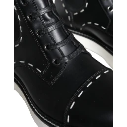 Black Leather Combat Mid Calf Boots Shoes