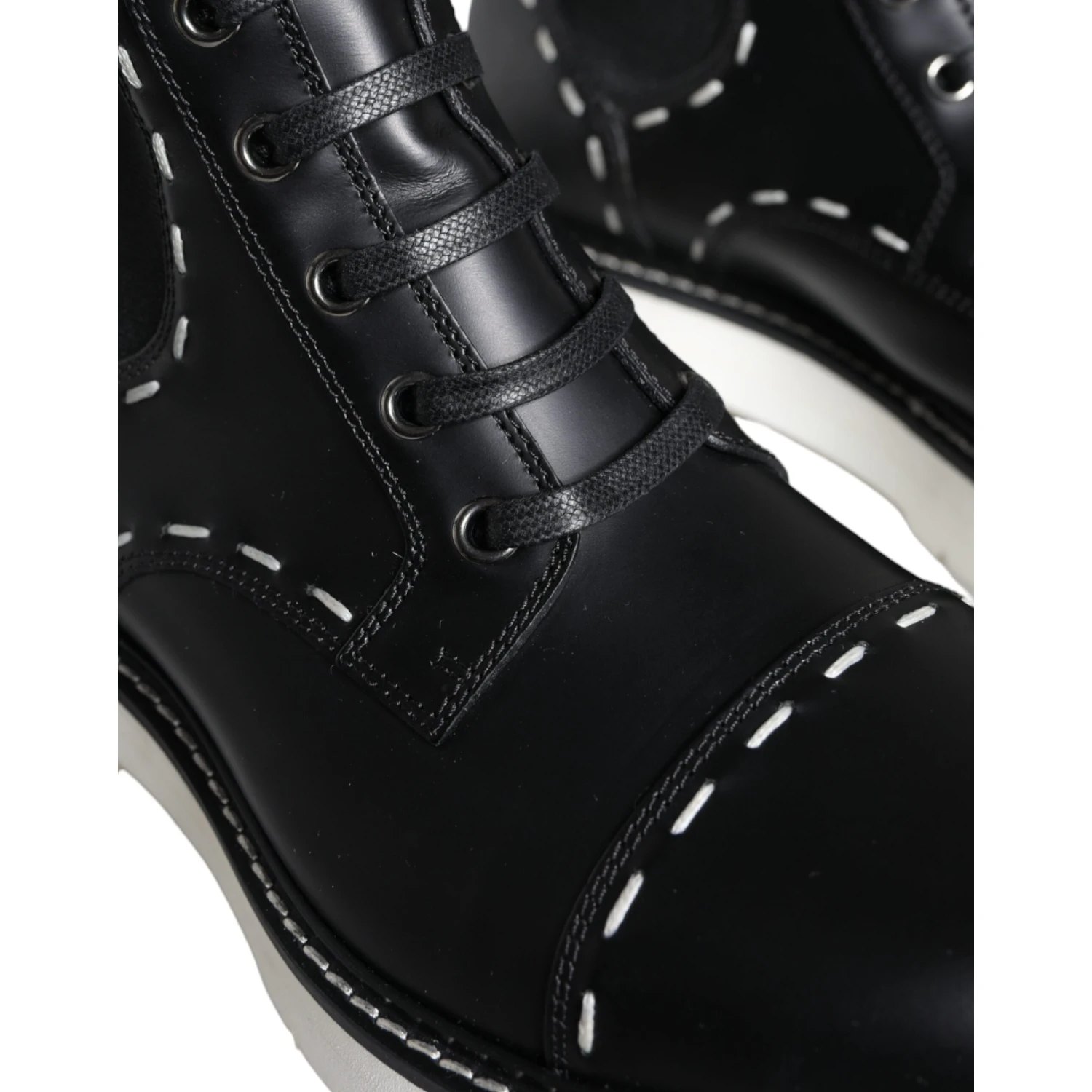 Black Leather Combat Mid Calf Boots Shoes